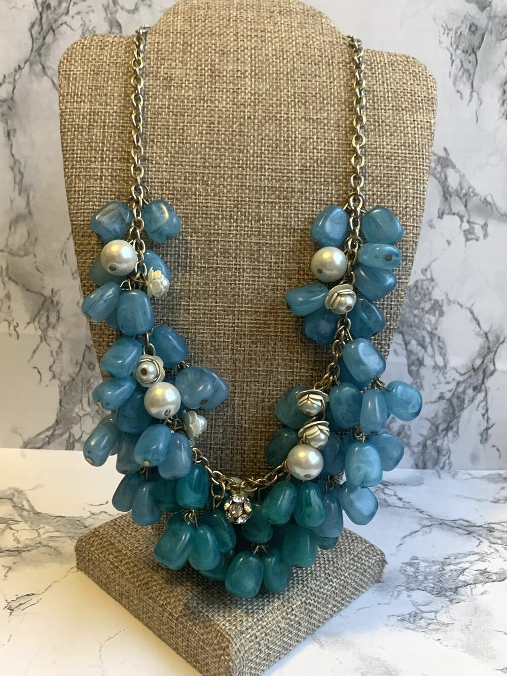 Cha Cha Necklace Faux Pearl Rosette Milky Swirl Blue Cluster Acrylic Dangles